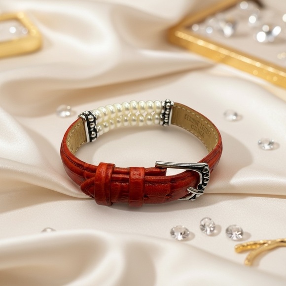 Honora Pearl & Red Leather Bracelet adjustable watch band - Picture 2 of 9